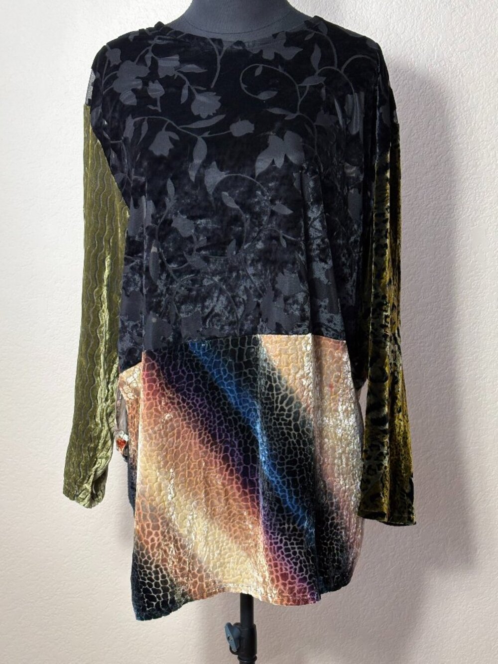 Mixed Media Patchwork Velvet Burnout Floral Tunic Top Asymmetrical Boho